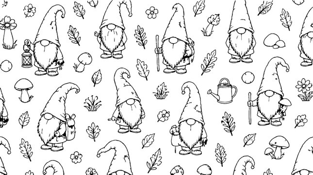Whimsical gnome and nature elements pattern design.