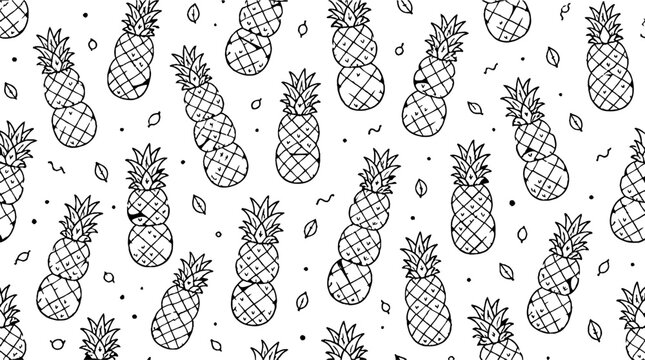 Repeating Pineapple Pattern in Black and White Outline Style.