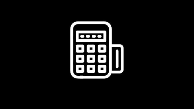 White line icon of a credit card payment terminal with receipt on black background