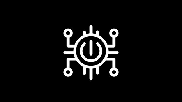 Digital power button icon with circuit board connections on black background