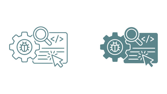 Software bug detection and debugging icon vector illustration showing code analysis and technical error identification with magnifying glass and gear symbols for web development and programming