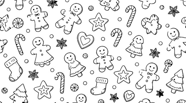 Festive gingerbread cookies and holiday decorations outline art.
