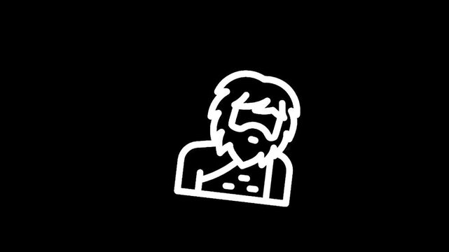 Stylized line art icon of a caveman with a beard and shaggy hair on a black background