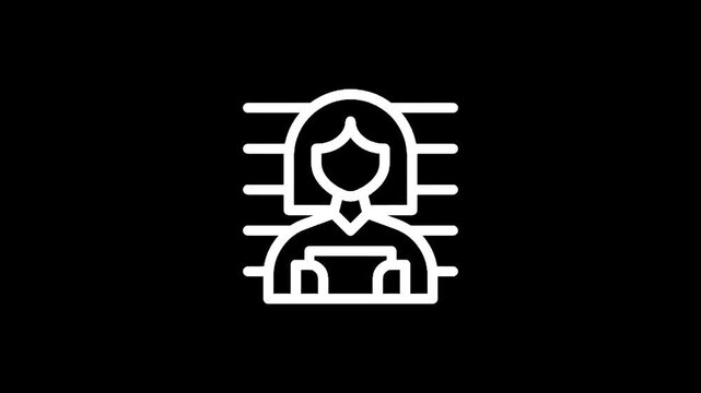 Line art icon of a person standing against a backdrop with horizontal lines