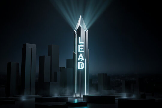 3D business leadership concept with a glowing neon lead skyscraper tower rising above a dark night city skyline.