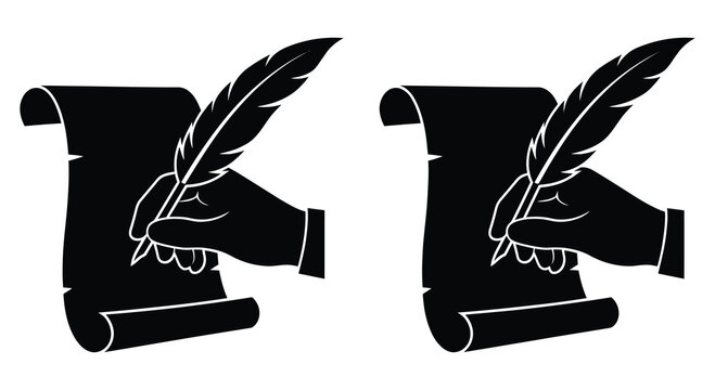 Black silhouette of hand holding feather pen and scroll Vector