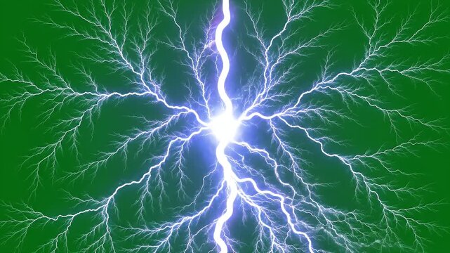 A vibrant, digitally rendered lightning bolt radiates intensely against a solid green background, creating a dynamic and energetic visual effect.