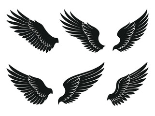 Fototapeta premium Collection of six black stylized angel wings and bird wings isolated on a white background for design