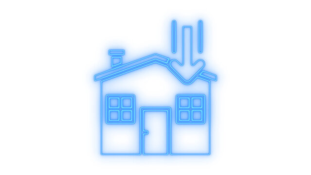 Colorful neon icon showing a residential house with a downward pointing arrow representing falling property prices and real estate market decline isolated on transparent background