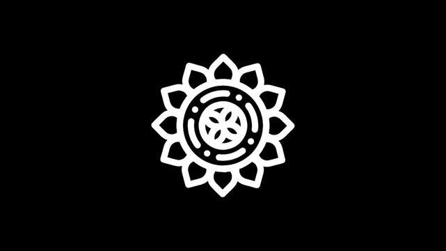 Minimalist white sun icon with geometric pattern on black background