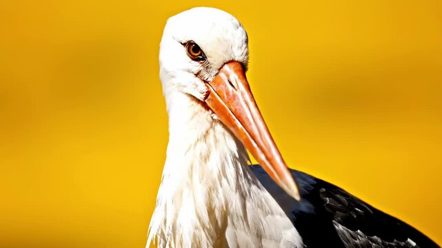 Extreme close-up of a white stork (Ciconia ciconia) head and long orange pointed beak against a solid bright yellow background, showing detailed white feathers and bird eye profile.
