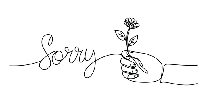 Continuous line drawing of hand holding flower with sorry text