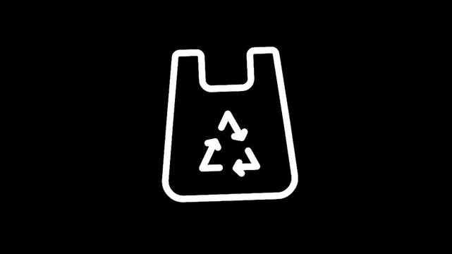White outline of a shopping bag with a recycling symbol on a black background
