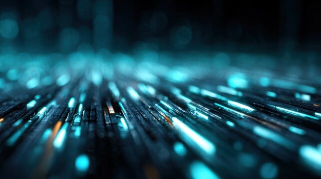 Abstract futuristic digital light beams and glowing particles on dark background creating a dynamic sense of motion and technology in a computer-generated scene