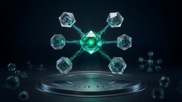 3D abstract agentic AI technology concept with glowing green crystal core node network on a metal pedestal.