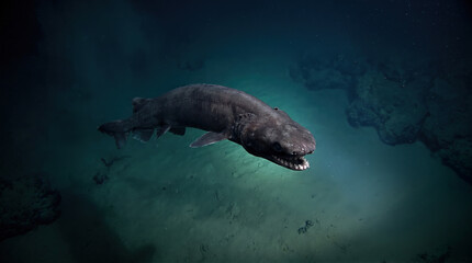 Fototapeta premium Greenland Shark swimming in deep ocean abyss