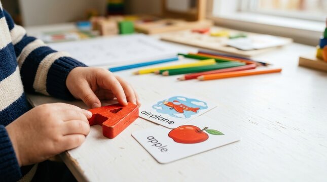 Child's hand holding the letter A near flashcards for apple and airplane, symbolizing early childhood education and learning.