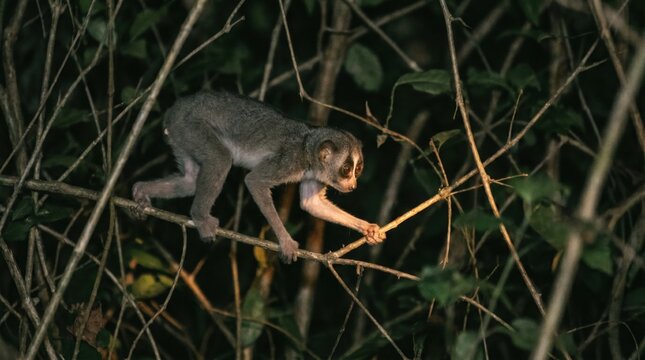 Slow Loris Perched on a Branch in a Dark Forest