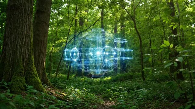 Mysterious Digital Sphere Manifesting in a Lush Green Forest