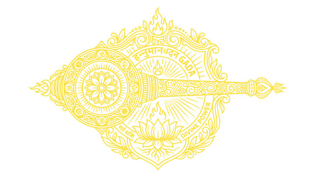 Gold line art of a sacred gada weapon with lotus and divine symbols