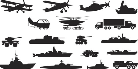 Military vehicles silhouettes including tanks, aircraft, warships and submarines, flat vector © Samiul
