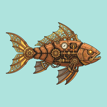 A detailed illustration of a mechanical steampunk fish design