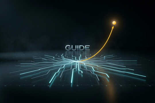 3D abstract business guide concept illustration with electronic circuit network floor and rising upward golden growth arrow.