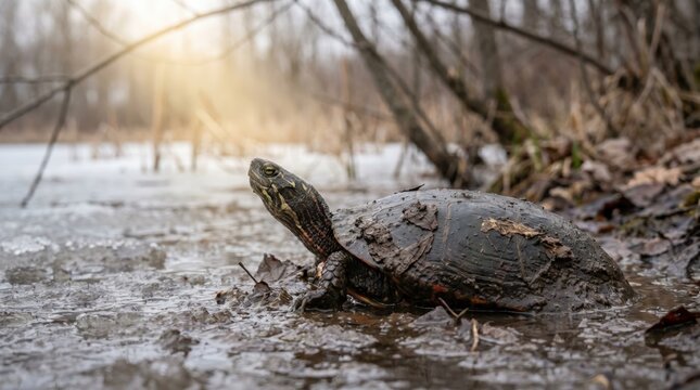 Muddy Turtle Emerges in Cold Marshland