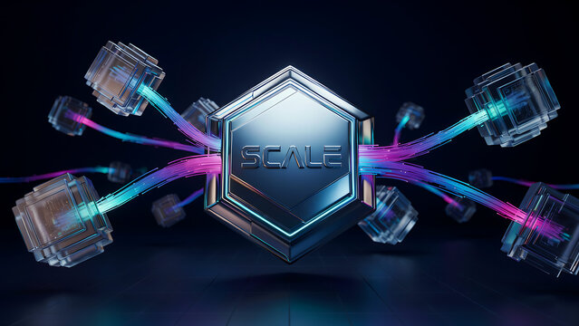 3D abstract business scale concept illustration with glowing metallic hexagon core node and connected glass data cubes.