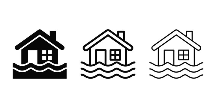 House flood water damage icon silhouette vector outline and line art