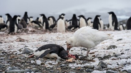 Fototapeta premium Penguin Being Eaten by White Bird on Snowy Ground