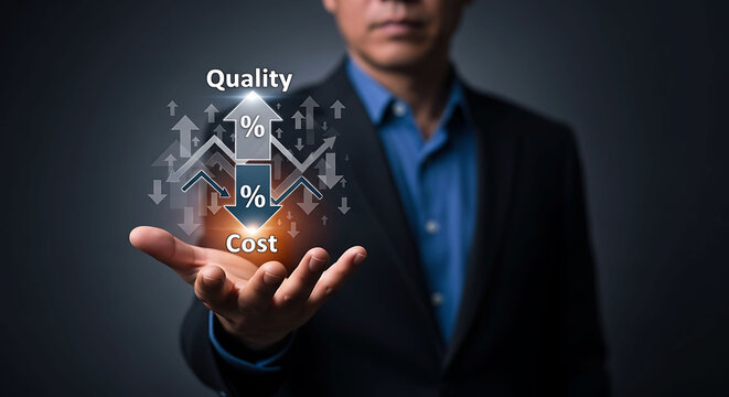 Businessman holding infographic of rising quality and lowering cost