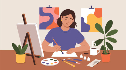 Fototapeta premium Young woman artist sitting at her desk and painting on a paper with an easel, plants, and coffee cup in a cozy studio.