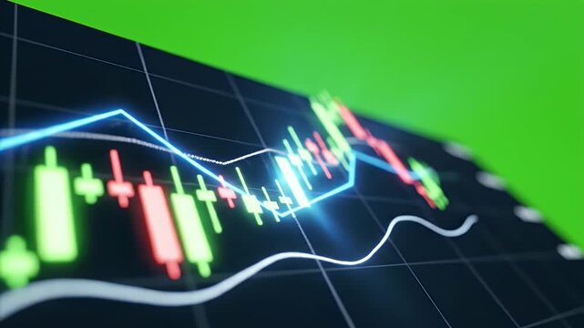 A dynamic financial chart displays fluctuating market trends with green and red candlesticks.