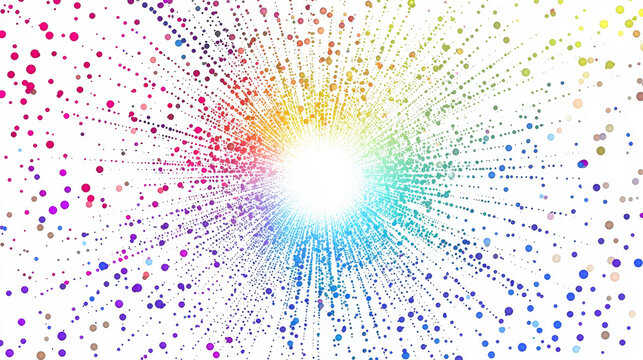 Abstract burst of colorful confetti vibrant dot explosion rainbow spectrum energetic celebration festive background dynamic radial pattern joyful mood white backdrop