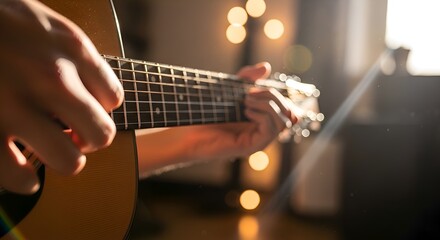 Fototapeta premium Close-up of Hands Playing Acoustic Guitar with Bokeh Background