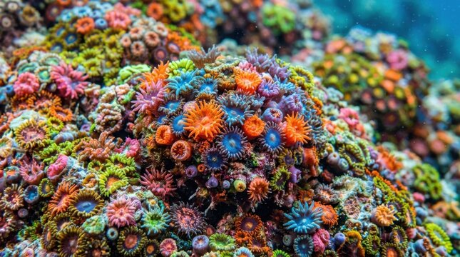 Vibrant Zoanthid Coral Colony Macro Photography Underwater Marine Life Background for Aquarium Hobbyists and Tropical Ocean Conservation Projects