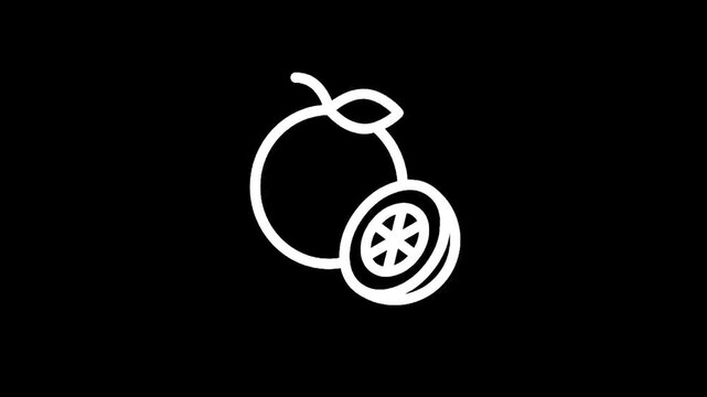 Simple white line art icon of an orange with a slice next to it on a black background