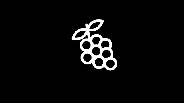 Simple white outline of a grape cluster with leaves on a black background