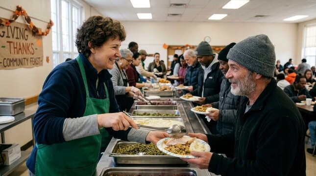 Volunteer serving food to people at a community Thanksgiving dinner event.