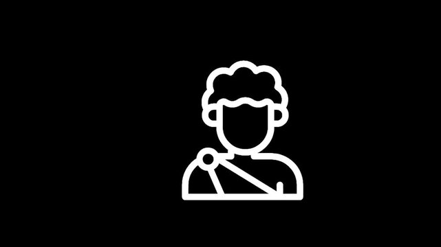Stylized icon of a person with curly hair and a sash across their chest