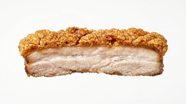 Crispy pork belly skin siu yuk tile floating horizontally in empty space. Side view with copy space for text banner.