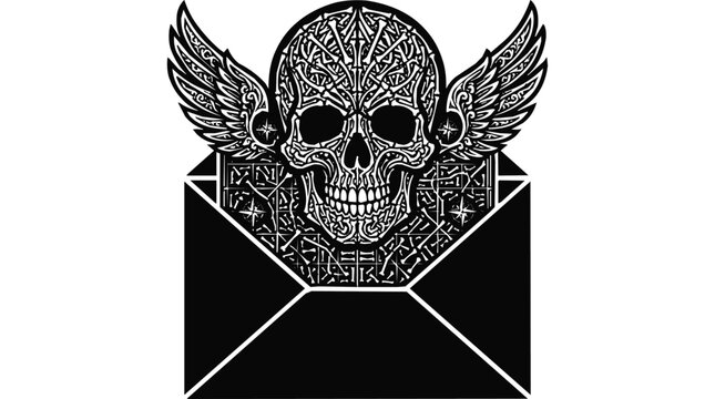 Virus - A dangerous skull with wings emerging from a black envelope, representing a malicious email sent by a hacker to compromise digital security.