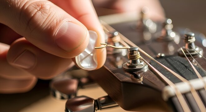 Acoustic guitar tuner adjusting string during music practice, close-up