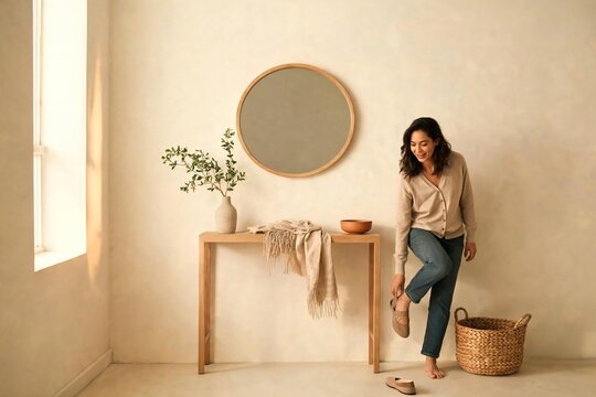 Woman putting on comfortable shoes while preparing to go out, showcasing a minimalist entrance area with natural light and a round mirror for daily routine