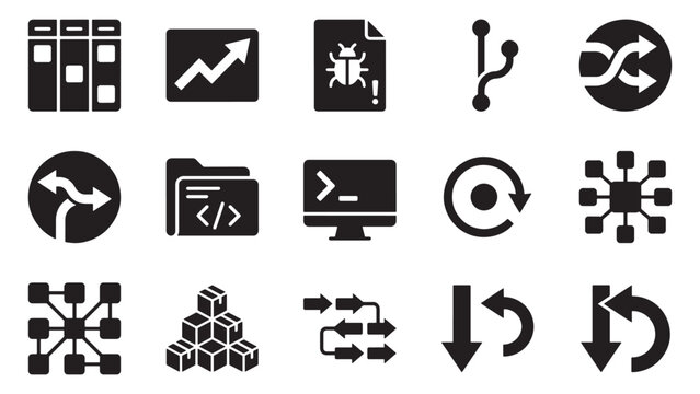 Software Development and Technology Icon Set with Folder Code Monitor Sync Shuffle Pipeline Cube and Undo Symbols for Vector Illustration