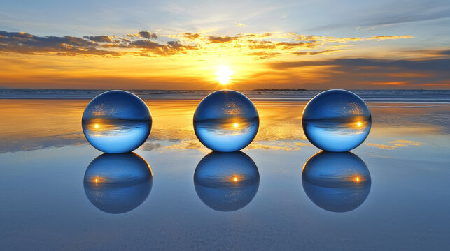 Three glass orbs reflecting vibrant sunset sky, calm ocean, and smooth wet sand, creating serene and abstract landscape with warm and cool color gradients