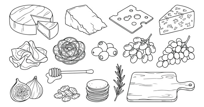 Hand drawn cheese board elements vector set, charcuterie platter ingredients line art, gourmet appetizers and snacks icons for menu design
