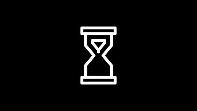 Simple white hourglass icon on a black background representing time passing and urgency