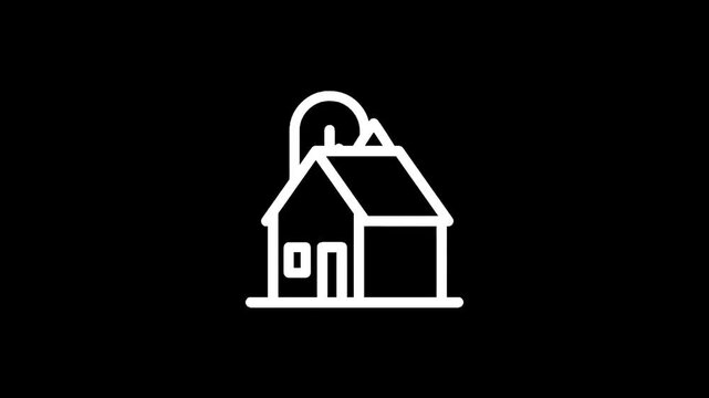 Simple white outline of a house with a chimney and a tree on a black background